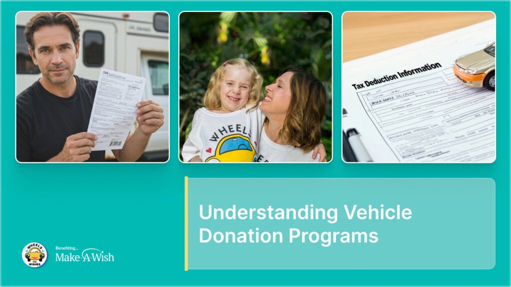 a content donor, a happy family, a tax form, and a label of Understanding Vehicle Donation Programs