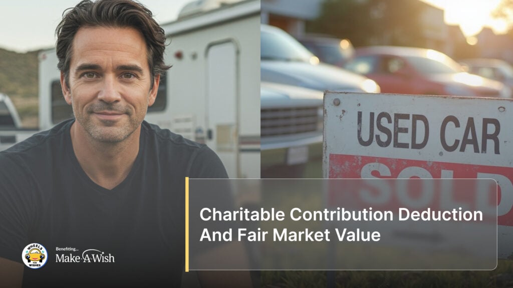 a man at a used car lot and a label of Charitable Contribution Deduction And Fair Market Value