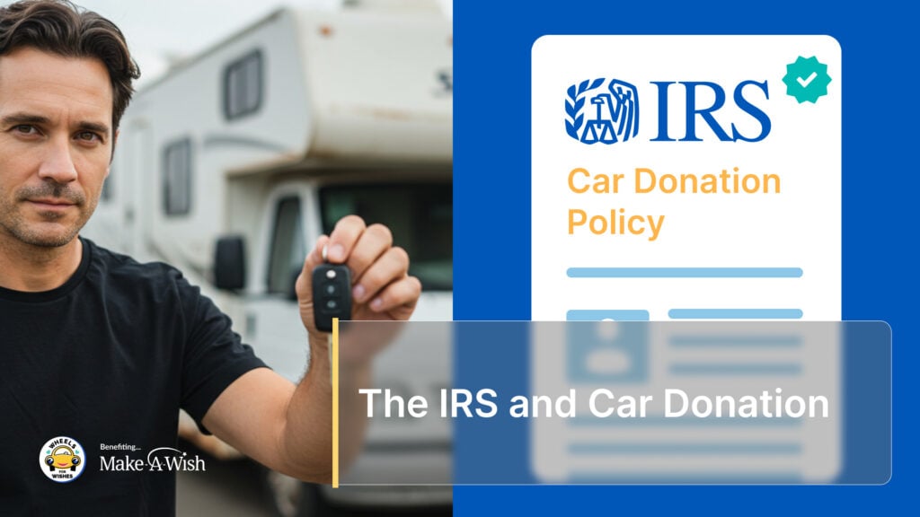 a man holding keys with a label of The IRS and Car Donation