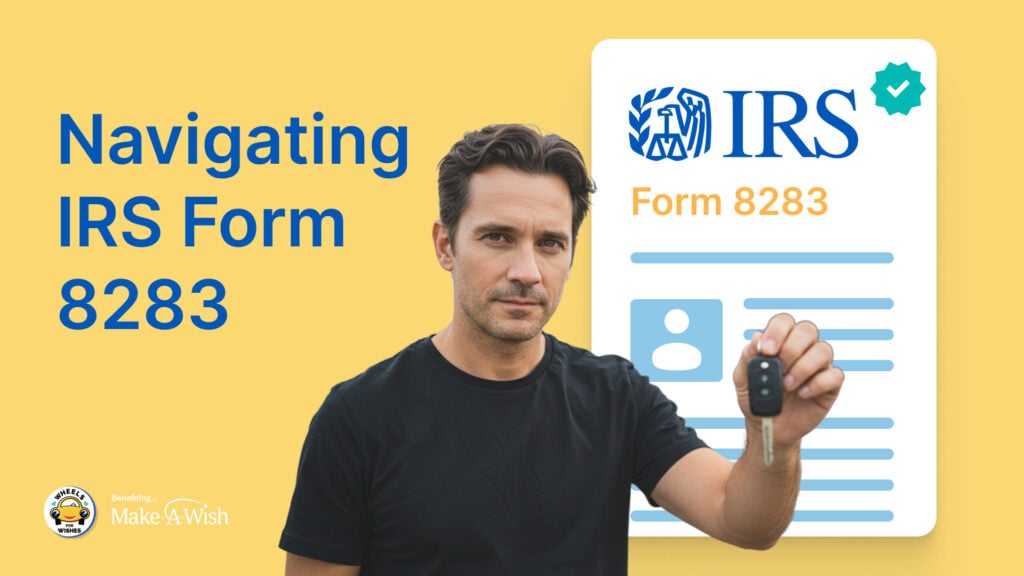 a man holding keys with a label of Navigating IRS Form 8283